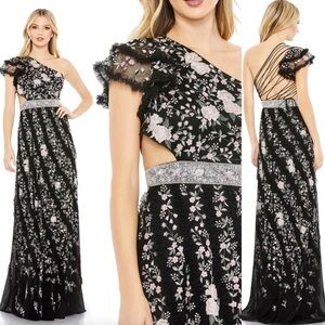 Mac Duggal Size 6Black Floral Embroidered Ruffle One Shoulder Lace Up Gown